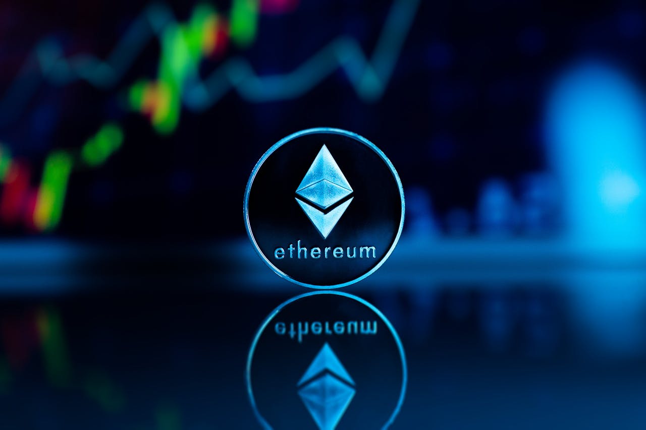 gallery-2 Ethereum coin with financial graph backdrop, representing cryptocurrency trends and technology.