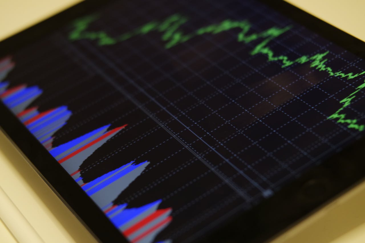 why-choose-us Close-up of a tablet displaying stock market analysis with colorful graphs.