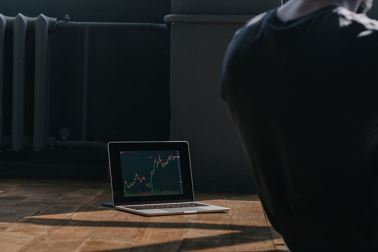 gallery-1 A person observing cryptocurrency trends on a laptop indoors.